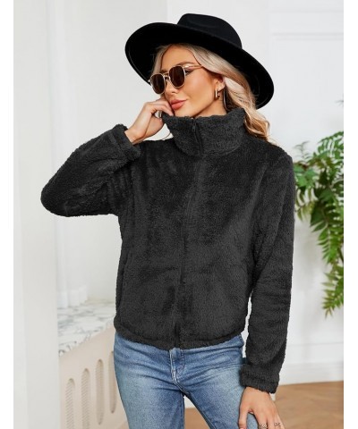 Women's Winter Fleece Jackets Sherpa Teedy Zip-up Jackets Coat Faux Fur Long Sleeve Shaggy Jacket with Pockets Black-02 $10.0...