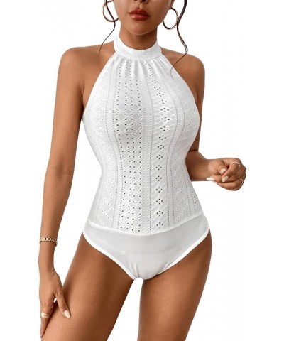 Women's Sleeveless Scoop Neck High Cut Skinny Mesh Tank Top Bodysuit Eyelet White $17.39 Bodysuits