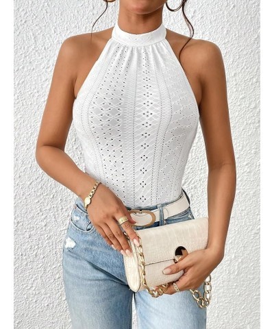 Women's Sleeveless Scoop Neck High Cut Skinny Mesh Tank Top Bodysuit Eyelet White $17.39 Bodysuits