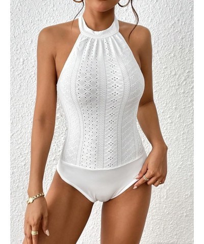 Women's Sleeveless Scoop Neck High Cut Skinny Mesh Tank Top Bodysuit Eyelet White $17.39 Bodysuits