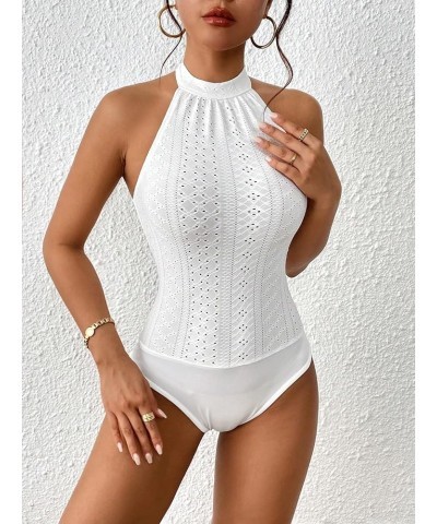 Women's Sleeveless Scoop Neck High Cut Skinny Mesh Tank Top Bodysuit Eyelet White $17.39 Bodysuits