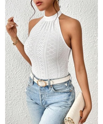 Women's Sleeveless Scoop Neck High Cut Skinny Mesh Tank Top Bodysuit Eyelet White $17.39 Bodysuits