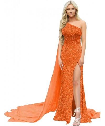 One Shoulder Sequin Prom Dresses with Cape Mermaid Evening Gowns Slit Backless Formal Dress Orange $40.80 Dresses