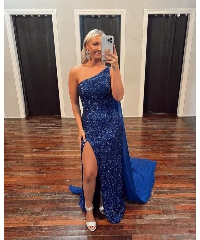 One Shoulder Sequin Prom Dresses with Cape Mermaid Evening Gowns Slit Backless Formal Dress Orange $40.80 Dresses