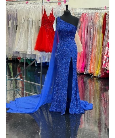 One Shoulder Sequin Prom Dresses with Cape Mermaid Evening Gowns Slit Backless Formal Dress Orange $40.80 Dresses