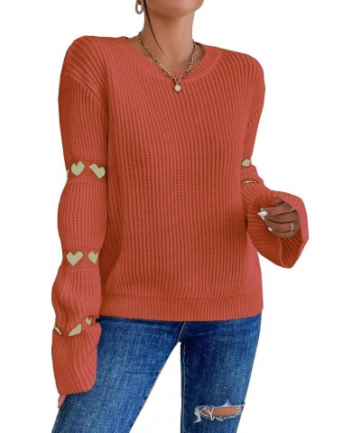 Women's Casual Heart Print Round Neck Drop Shoulder Long Sleeve Knitted Pullover Sweater Top Rust Brown $24.00 Sweaters