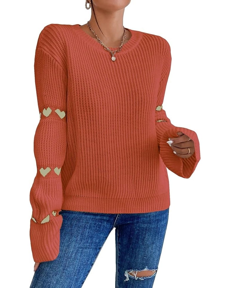 Women's Casual Heart Print Round Neck Drop Shoulder Long Sleeve Knitted Pullover Sweater Top Rust Brown $24.00 Sweaters