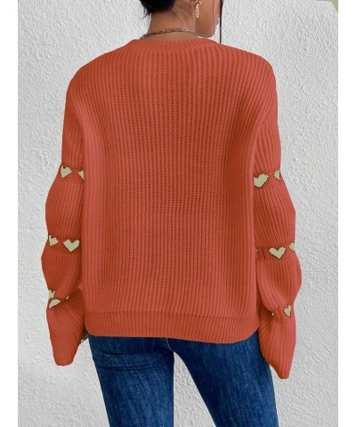 Women's Casual Heart Print Round Neck Drop Shoulder Long Sleeve Knitted Pullover Sweater Top Rust Brown $24.00 Sweaters