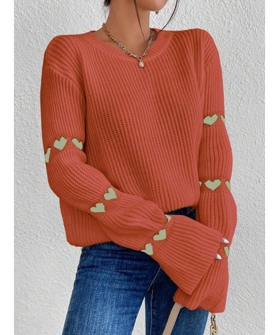 Women's Casual Heart Print Round Neck Drop Shoulder Long Sleeve Knitted Pullover Sweater Top Rust Brown $24.00 Sweaters