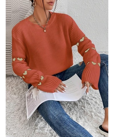 Women's Casual Heart Print Round Neck Drop Shoulder Long Sleeve Knitted Pullover Sweater Top Rust Brown $24.00 Sweaters