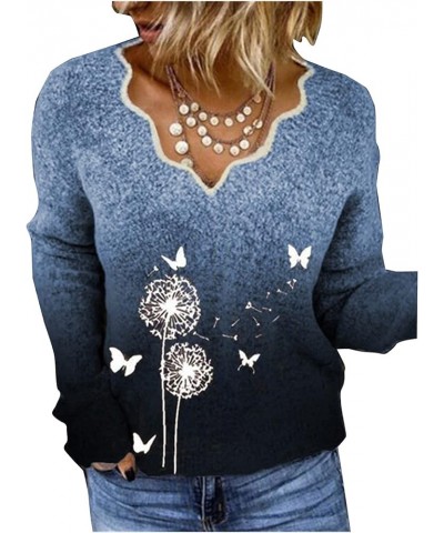 Tops for Women Autumn and Winter Gradient Color Dandelion Butterfly Print V-Neck Tops Pullover Sweater (Gray, XXL) Medium Blu...