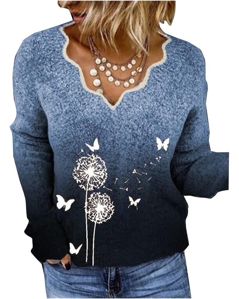 Tops for Women Autumn and Winter Gradient Color Dandelion Butterfly Print V-Neck Tops Pullover Sweater (Gray, XXL) Medium Blu...