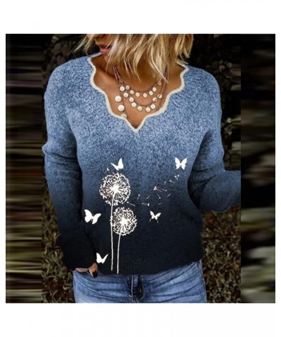 Tops for Women Autumn and Winter Gradient Color Dandelion Butterfly Print V-Neck Tops Pullover Sweater (Gray, XXL) Medium Blu...