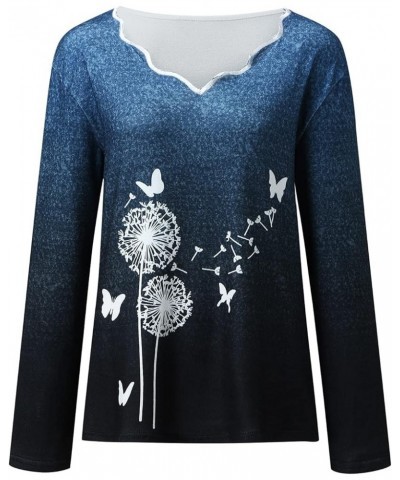 Tops for Women Autumn and Winter Gradient Color Dandelion Butterfly Print V-Neck Tops Pullover Sweater (Gray, XXL) Medium Blu...