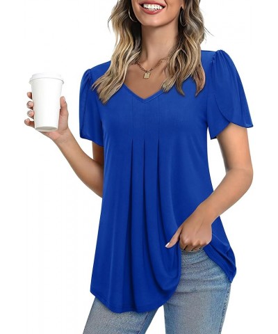 Womens Tops Short Sleeve Shirts Casual V Neck Blouse Double Layers Mesh Tunics Tops Klein Blue $21.65 Blouses