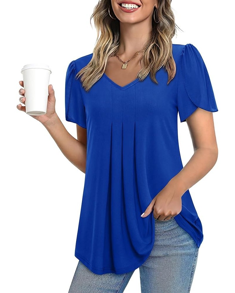 Womens Tops Short Sleeve Shirts Casual V Neck Blouse Double Layers Mesh Tunics Tops Klein Blue $21.65 Blouses