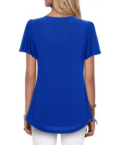 Womens Tops Short Sleeve Shirts Casual V Neck Blouse Double Layers Mesh Tunics Tops Klein Blue $21.65 Blouses