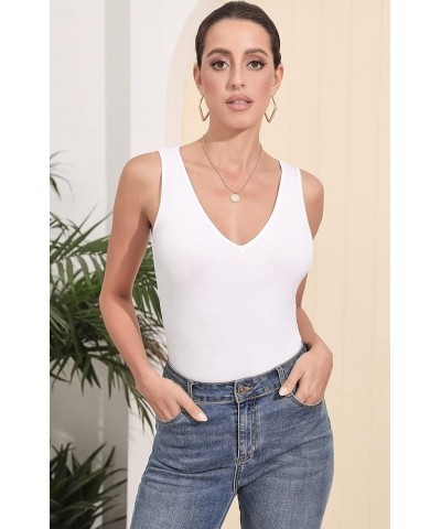 Bodysuit for Women V Neck Sleeveless Soft Comfortable Basic Tank Tops White $8.24 Bodysuits