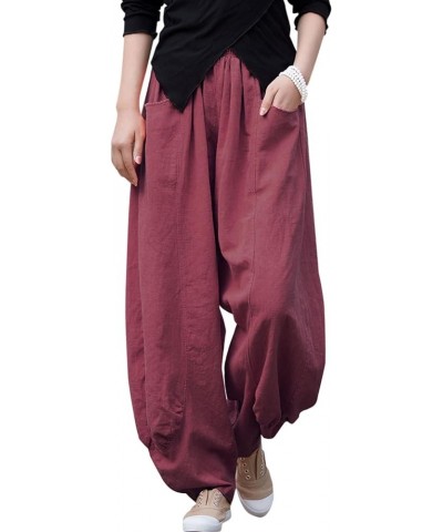 Women's Loose Linen Pants Casual Wide Leg Drawstring Striaght Fit Trouser Kz001 Burgundy $15.40 Pants