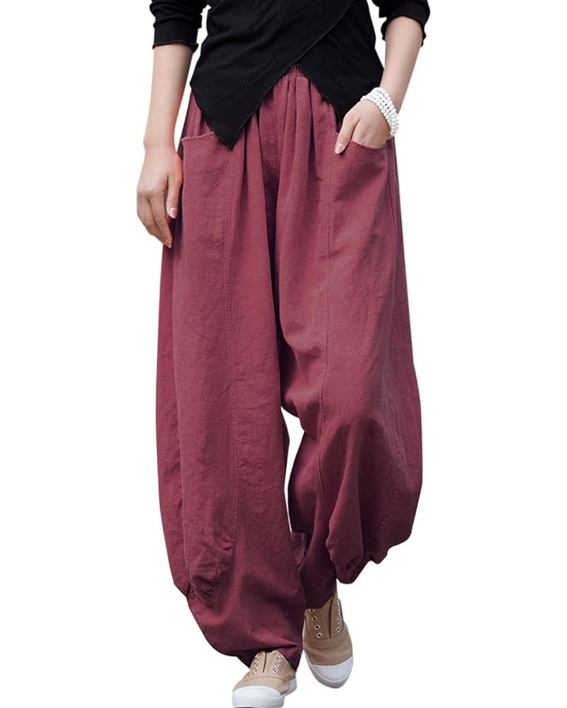 Women's Loose Linen Pants Casual Wide Leg Drawstring Striaght Fit Trouser Kz001 Burgundy $15.40 Pants