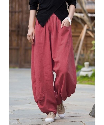 Women's Loose Linen Pants Casual Wide Leg Drawstring Striaght Fit Trouser Kz001 Burgundy $15.40 Pants