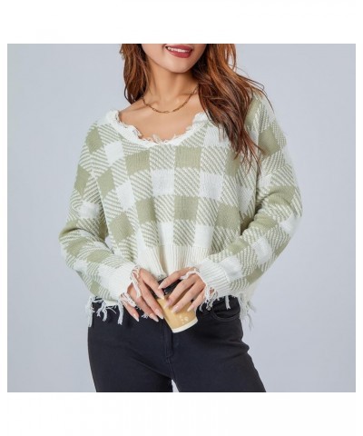 Women Y2K Knit Crop Sweater V-Neck Ripped Distressed Sweater Loose Printed Knitted Jumper Pullover Top Green $8.80 Sweaters