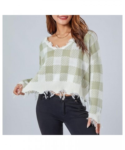 Women Y2K Knit Crop Sweater V-Neck Ripped Distressed Sweater Loose Printed Knitted Jumper Pullover Top Green $8.80 Sweaters