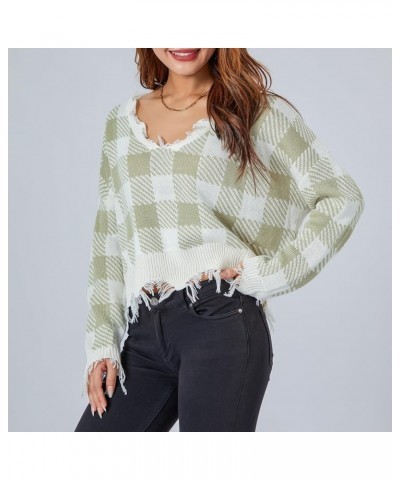 Women Y2K Knit Crop Sweater V-Neck Ripped Distressed Sweater Loose Printed Knitted Jumper Pullover Top Green $8.80 Sweaters