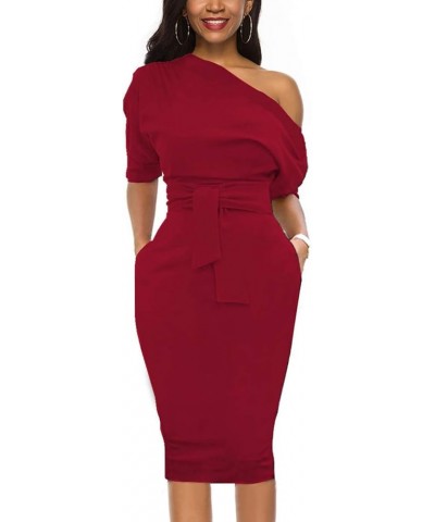 Elegant Womens Wear to Work Casual one Shoulder Belted Pencil Dress with Pockets Vintage Red $25.52 Dresses