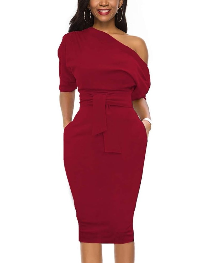 Elegant Womens Wear to Work Casual one Shoulder Belted Pencil Dress with Pockets Vintage Red $25.52 Dresses