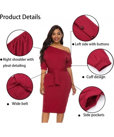 Elegant Womens Wear to Work Casual one Shoulder Belted Pencil Dress with Pockets Vintage Red $25.52 Dresses