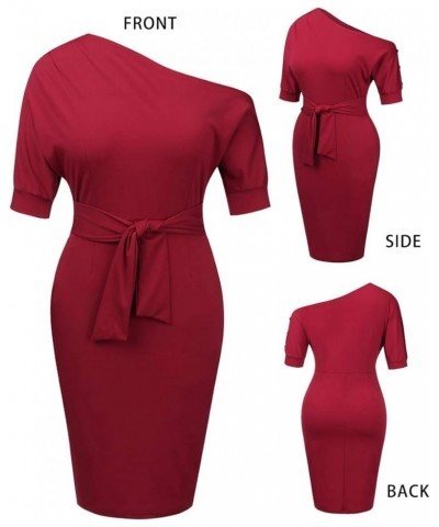 Elegant Womens Wear to Work Casual one Shoulder Belted Pencil Dress with Pockets Vintage Red $25.52 Dresses