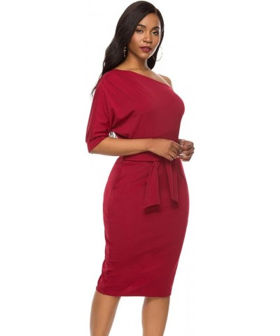 Elegant Womens Wear to Work Casual one Shoulder Belted Pencil Dress with Pockets Vintage Red $25.52 Dresses