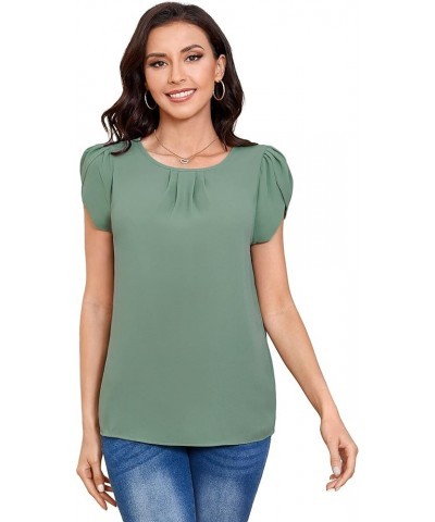 Women's Keyhole Chiffon Short Sleeve Blouse Tops Light Green $19.71 Blouses