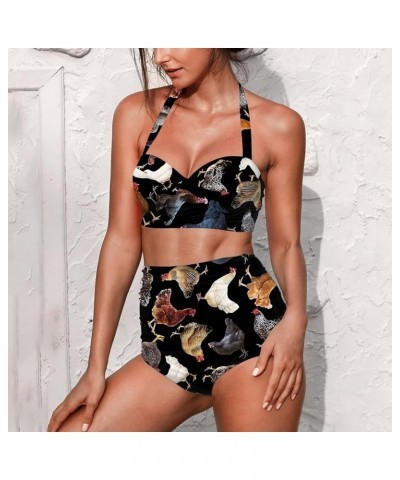 Womens Two Piece Swimsuits High Waisted Bikini Set Tummy Control Halter Ruched Bathing Suits Black Chicken $14.84 Swimsuits