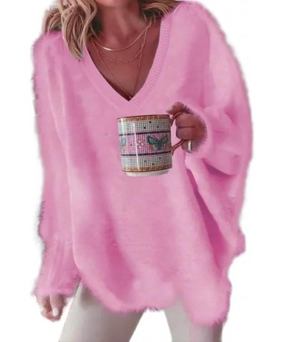 Womens Oversized Pullover Sweater with Pearls Embellished V Neck Long Sleeve Trendy Dressy Aesthetic Knit Tops Z Solid Barbie...