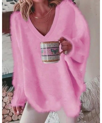 Womens Oversized Pullover Sweater with Pearls Embellished V Neck Long Sleeve Trendy Dressy Aesthetic Knit Tops Z Solid Barbie...