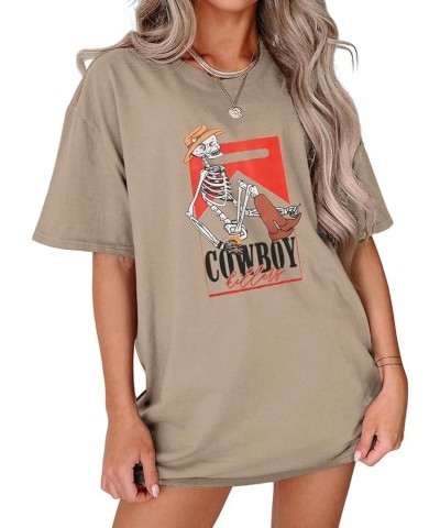 Women Western Country Tshirt Vintage Cowboy Killer Skeleton Graphic Shirts Casual Short Sleeve Oversized Tee Tops Khaki $16.1...