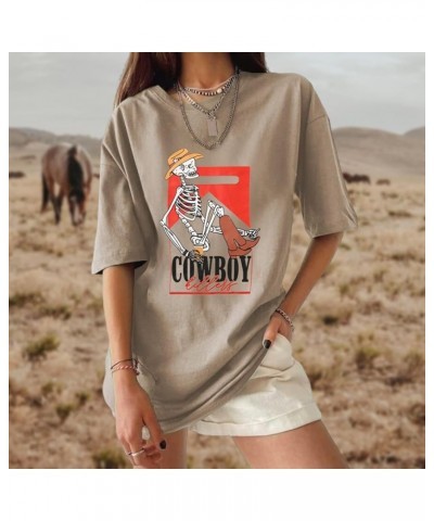 Women Western Country Tshirt Vintage Cowboy Killer Skeleton Graphic Shirts Casual Short Sleeve Oversized Tee Tops Khaki $16.1...