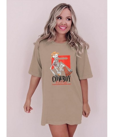 Women Western Country Tshirt Vintage Cowboy Killer Skeleton Graphic Shirts Casual Short Sleeve Oversized Tee Tops Khaki $16.1...