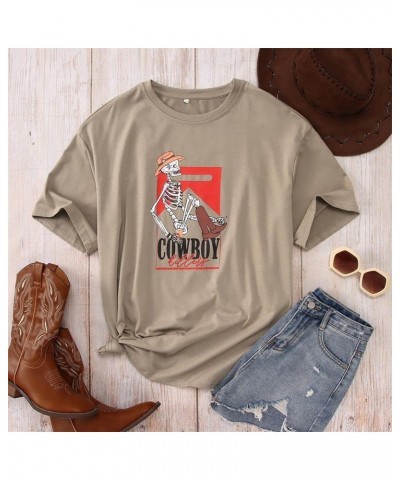 Women Western Country Tshirt Vintage Cowboy Killer Skeleton Graphic Shirts Casual Short Sleeve Oversized Tee Tops Khaki $16.1...