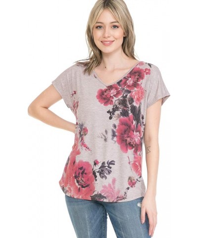 Women and Plus Size Crew Neck Dolman Short Sleeve Print Top (Small-5X) V Lt Grey/Purple Paisley $8.31 Shirts