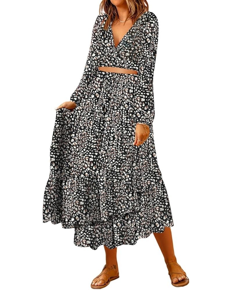 Women's Boho Dress Deep V Neck 2 Piece Outfits Long Puff Sleeve Skirt Sets Tie Waist Wrap Chiffon Flowy Maxi Dresses Black $1...