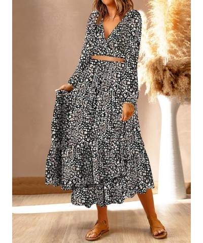 Women's Boho Dress Deep V Neck 2 Piece Outfits Long Puff Sleeve Skirt Sets Tie Waist Wrap Chiffon Flowy Maxi Dresses Black $1...