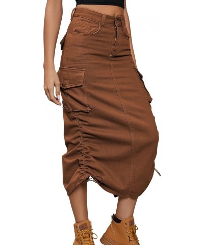 Women's Y2K Drawstring Denim Cargo Skirt Casual A-line Adjustable Long Skirt with Pockets Brown $17.51 Skirts