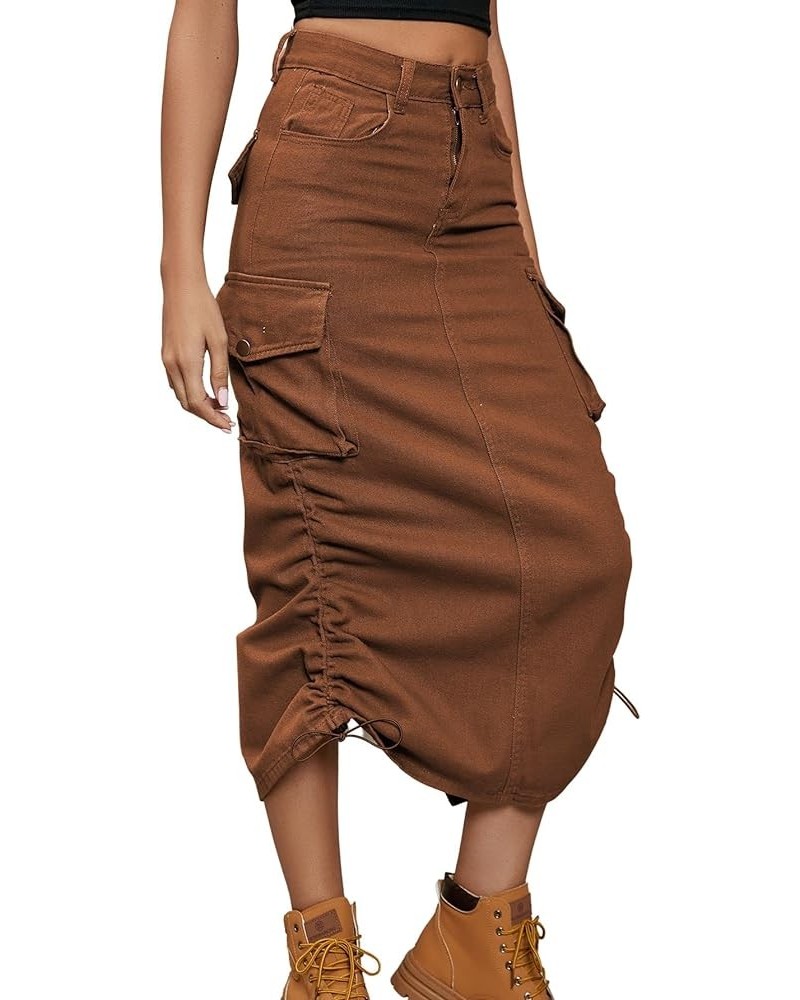 Women's Y2K Drawstring Denim Cargo Skirt Casual A-line Adjustable Long Skirt with Pockets Brown $17.51 Skirts