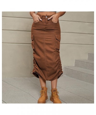 Women's Y2K Drawstring Denim Cargo Skirt Casual A-line Adjustable Long Skirt with Pockets Brown $17.51 Skirts