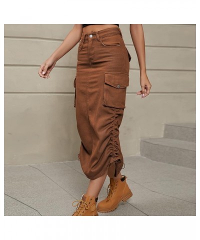 Women's Y2K Drawstring Denim Cargo Skirt Casual A-line Adjustable Long Skirt with Pockets Brown $17.51 Skirts