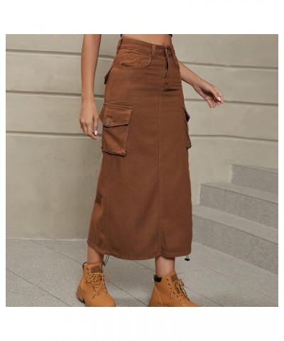 Women's Y2K Drawstring Denim Cargo Skirt Casual A-line Adjustable Long Skirt with Pockets Brown $17.51 Skirts