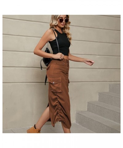 Women's Y2K Drawstring Denim Cargo Skirt Casual A-line Adjustable Long Skirt with Pockets Brown $17.51 Skirts